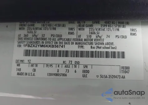 2019 Ford Transit-350 Xlt z USA, uszkodzony, nr VIN 1FBZX2YM6KKB56741